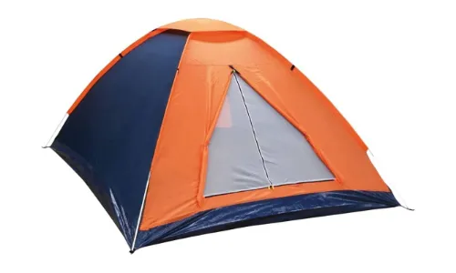 Barraca de camping iglu com exterior azul e laranja