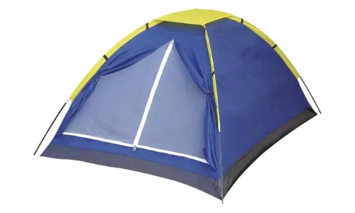 Barraca de camping iglu azul com topo amarelo