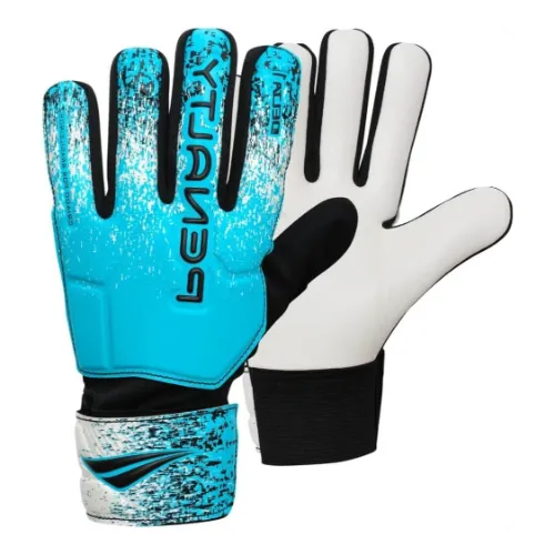 Luvas de goleiro com palma branca, superior azul e punhp azul