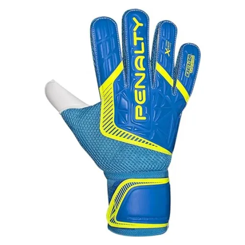 Luvas de goleiro com palma branca, superior e punho azul e amarelo