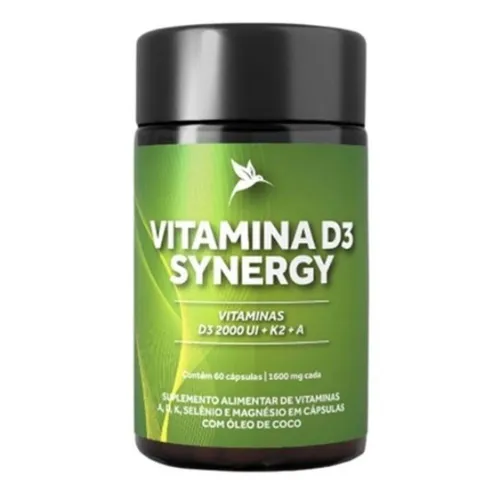 Pote de vitamina d3 + k2 alto e estreito, com rótulo verde e tampa preta