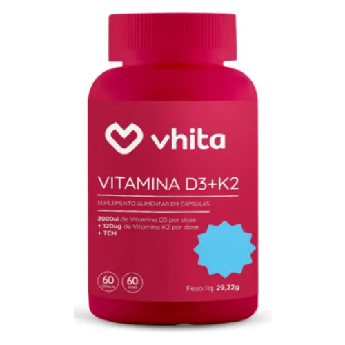 Pote de vitamina d3 + k2 largo e alto, com rótulo e tampa vermelhos