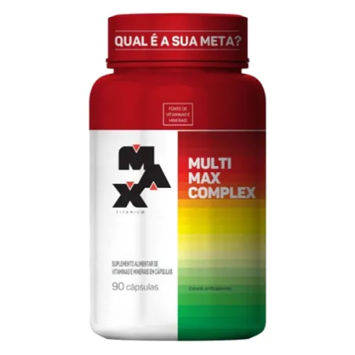 Pote de multivitamínico grande e largo com tampa e rótulo vermelhos