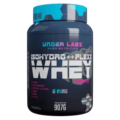 Pote de whey hidrolisado cilíndrico pequeno, com rótulo preto e tampa azul