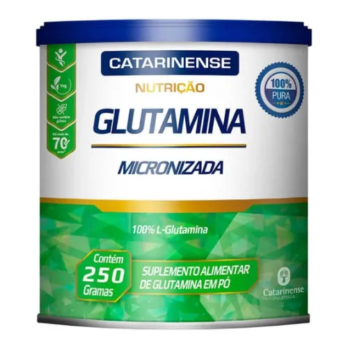 Pote de glutamina redondo e grande de rótulo verde e tampa azul