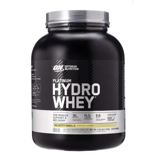 Pote de whey hidrolisado redondo e grande, com rótulo preto e tampa prata