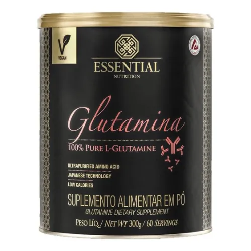 Pote de glutamina cilíndrico e grande, todo preto e tampa dourada