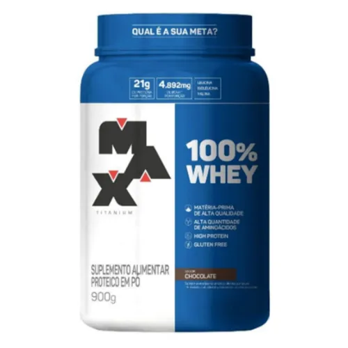 Pote de whey protein alto e estreito com rótulo azul e branco