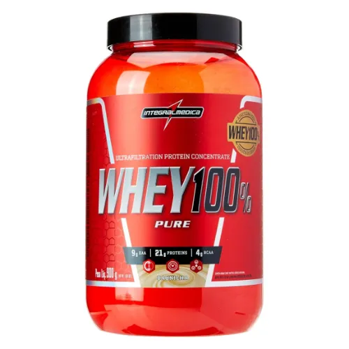 Pote de whey protein alto e estreito com rótulo vermelho