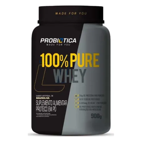 Pote de whey alto e largo com rótulo preto e cinza