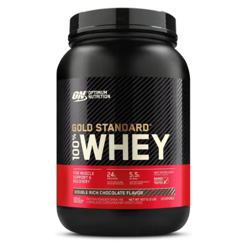 Pote de whey alto e bem largo com rótulo preto e vermelho