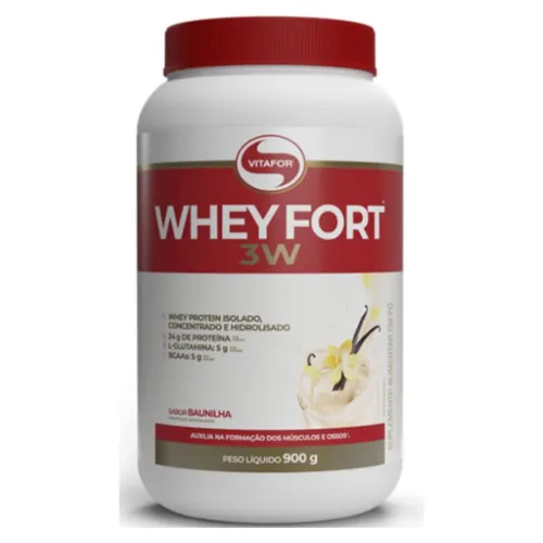 Pote de whey protein alto e bem estreito com rótulo branco e vermelho